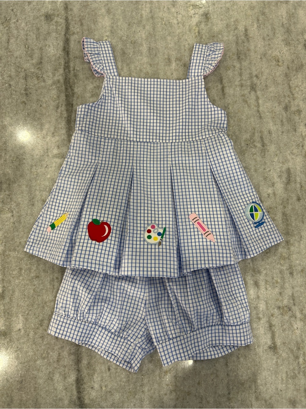 Classic Whimsy Girls Blue Striped Two-Piece Set with School Icons Size 6